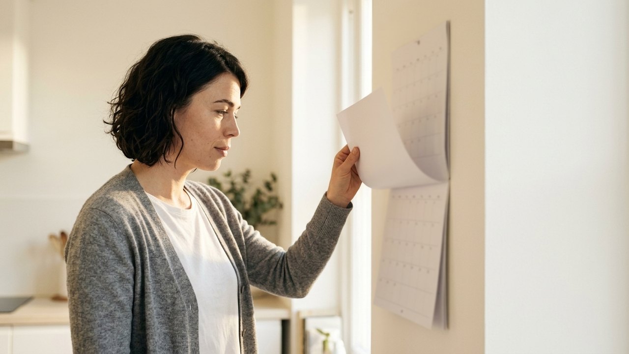 At dawn a woman in a grey cardigan turns the page of a paper wall calendar in her kitchen, the new month half lifted in her hand.
