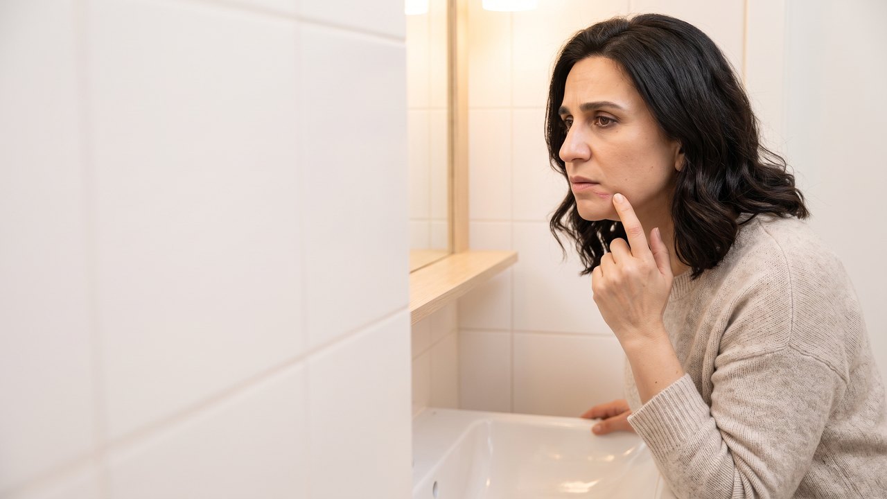Evening in a bright bathroom: a woman with dark shoulder length hair in an oatmeal sweater leans toward the mirror over the basin and touches a dry patch of skin below the corner of her lower lip with one finger.