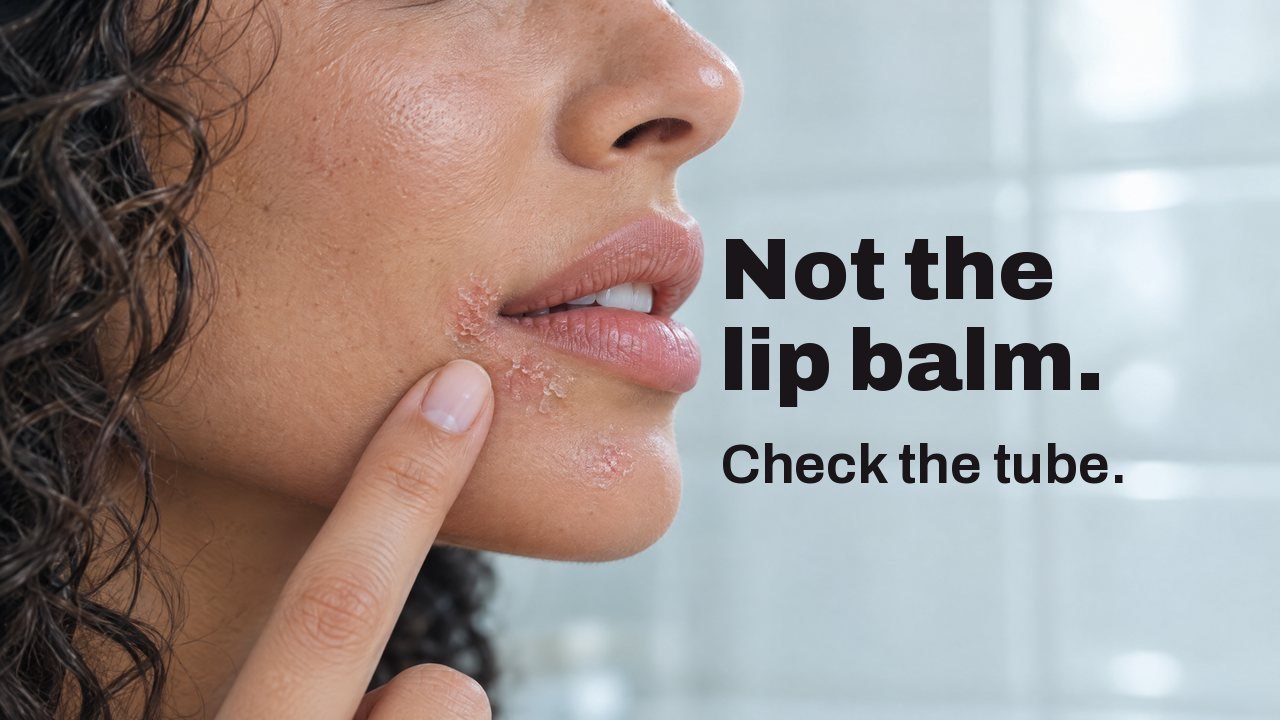 Not the lip balm. Check the tube. Side profile close up of a woman’s lips: a small dry, reddened patch below the corner of her mouth, her fingertip beside it; white bathroom tiles blurred behind.
