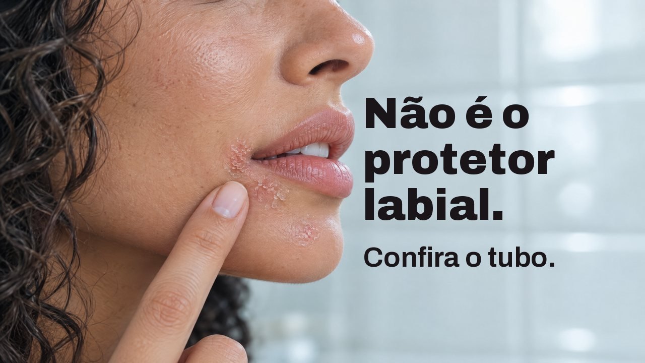 Não é o protetor labial. Confira o tubo. Grande plano de perfil dos lábios de uma mulher: uma pequena zona seca e avermelhada sob o canto da boca, a ponta do dedo ao lado; atrás, azulejos brancos da casa de banho desfocados.