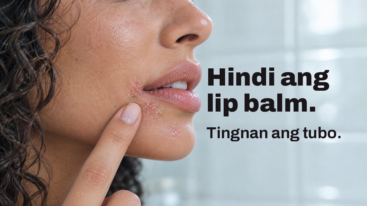 Hindi ang lip balm. Tingnan ang tubo. Malapitang kuha mula sa gilid ng mga labi ng isang babae: maliit na tuyo at namumulang bahagi sa ilalim ng sulok ng bibig, at ang dulo ng kanyang daliri sa tabi nito; sa likod, malabong puting tiles ng banyo.
