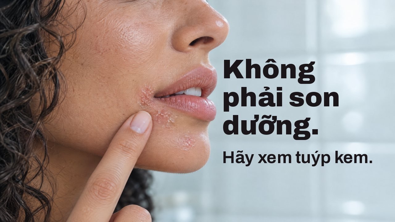 Không phải son dưỡng. Hãy xem tuýp kem. Cận cảnh nhìn nghiêng đôi môi của một người phụ nữ: một mảng da nhỏ khô, ửng đỏ dưới khóe miệng, đầu ngón tay cô ở bên cạnh; phía sau là gạch men trắng phòng tắm mờ nhòe.