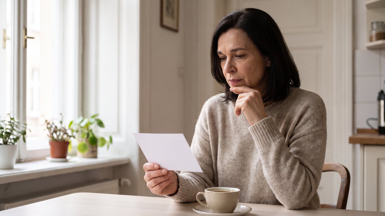 A weekday morning in the kitchen of an old Kraków apartment: a woman in her fifties with dark shoulder length hair sits at a pale wooden table by a tall window, coffee in front of her, looking down at a small paper dental appointment card while her fingertips rest on her lower jaw.