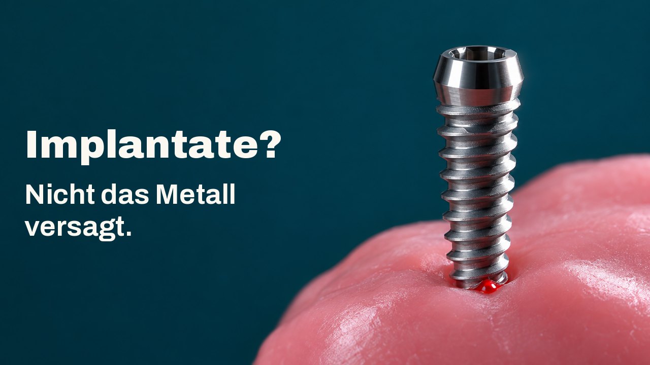 Implantate? Nicht das Metall versagt. Eine polierte Titanschraube steht aufrecht in einem Bett aus weichem rosa Wachs, hart von einer Seite beleuchtet, vor einem tiefen Petrolgrün.