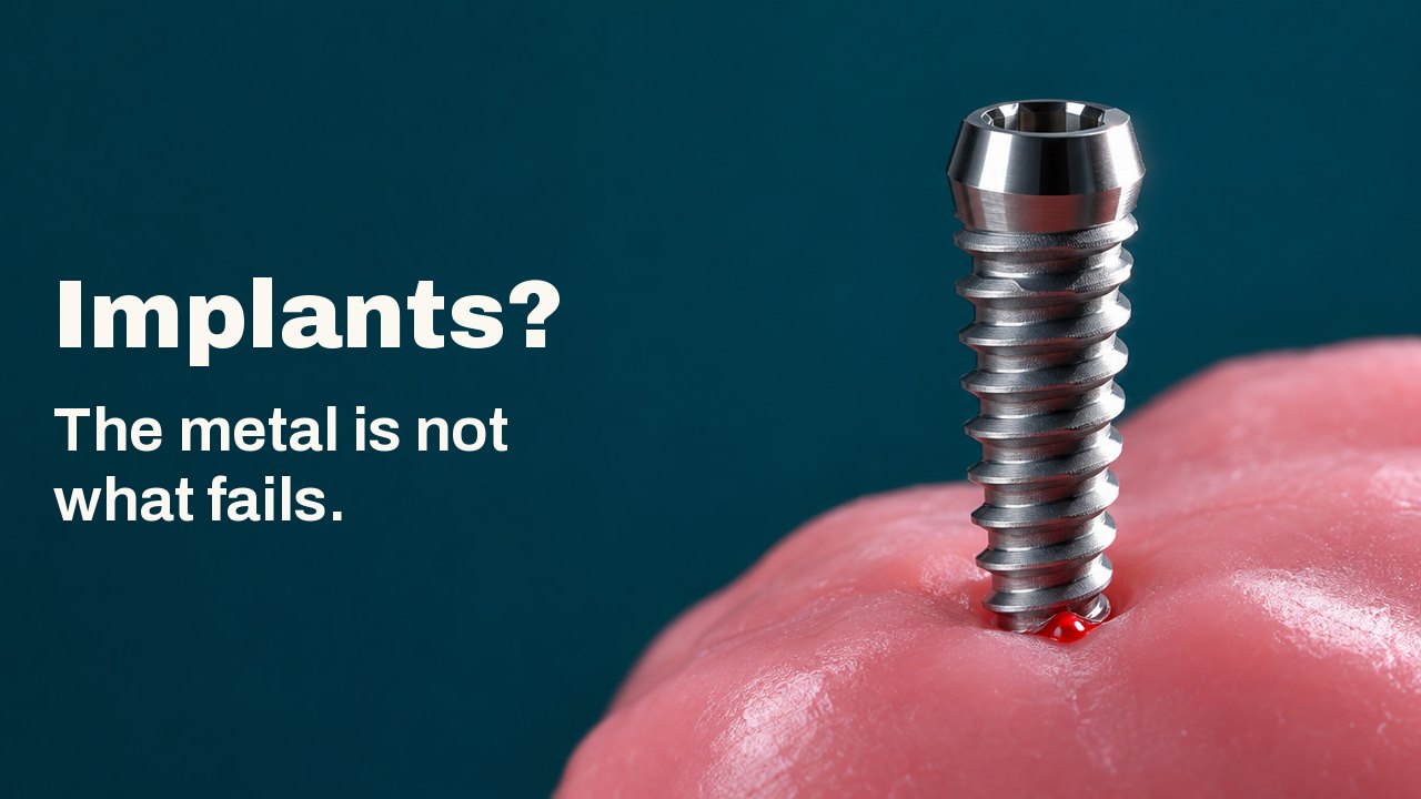 Implants? The metal is not what fails. A polished titanium screw standing upright in a bed of soft pink wax, lit hard from one side against a deep teal background.