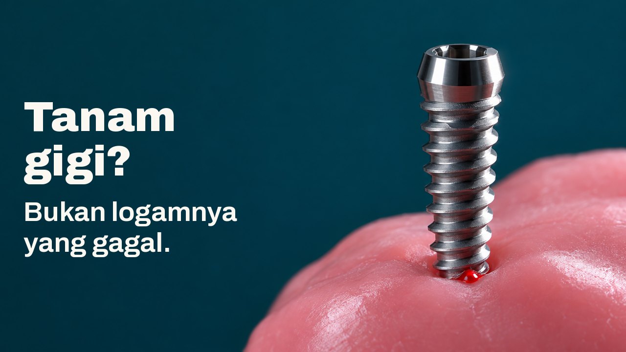 Tanam gigi? Bukan logamnya yang gagal. Skru titanium berkilat berdiri tegak di atas lapisan lilin merah jambu yang lembut, disinari cahaya keras dari satu sisi dengan latar biru kehijauan yang pekat.