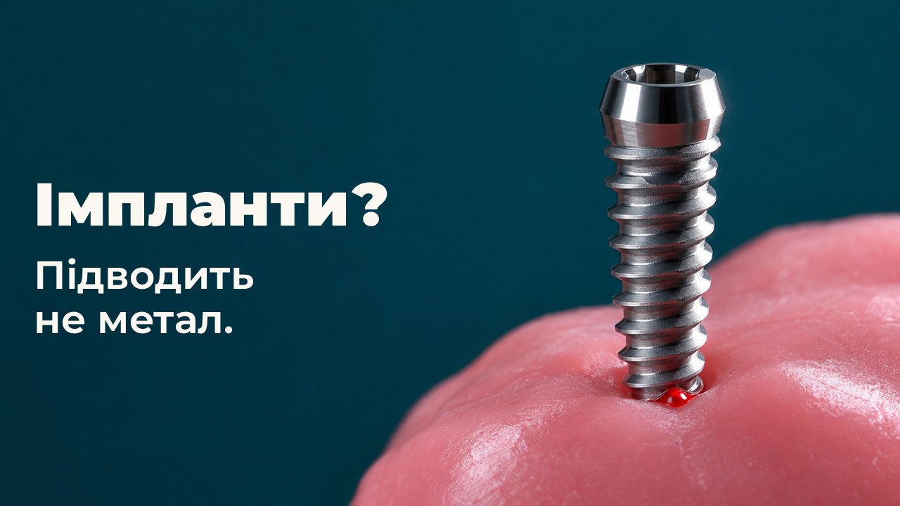 Імпланти? Підводить не метал. Відполірований титановий гвинт стоїть вертикально в м’якому рожевому воску, жорстке бічне світло на глибокому бірюзовому тлі.