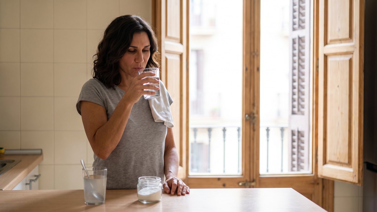 Morning in a Barcelona flat: a woman with dark wavy hair and a towel on her shoulder stands at a wooden kitchen counter after brushing her teeth and sips a glass of water, tasting carefully, while a spoon of white powder dissolves in a second glass beside her.