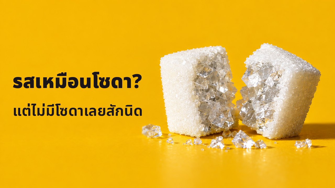 รสเหมือนโซดา? แต่ไม่มีโซดาเลยสักนิด ภาพระยะใกล้มากจากระดับโต๊ะบนพื้นสีเหลืองหญ้าฝรั่นอบอุ่น: ก้อนน้ำตาลสีขาวผ่าครึ่ง ข้างในไม่ใช่น้ำตาล แต่เป็นผลึกเกลือเม็ดใหญ่ใสวาวเหมือนแก้ว