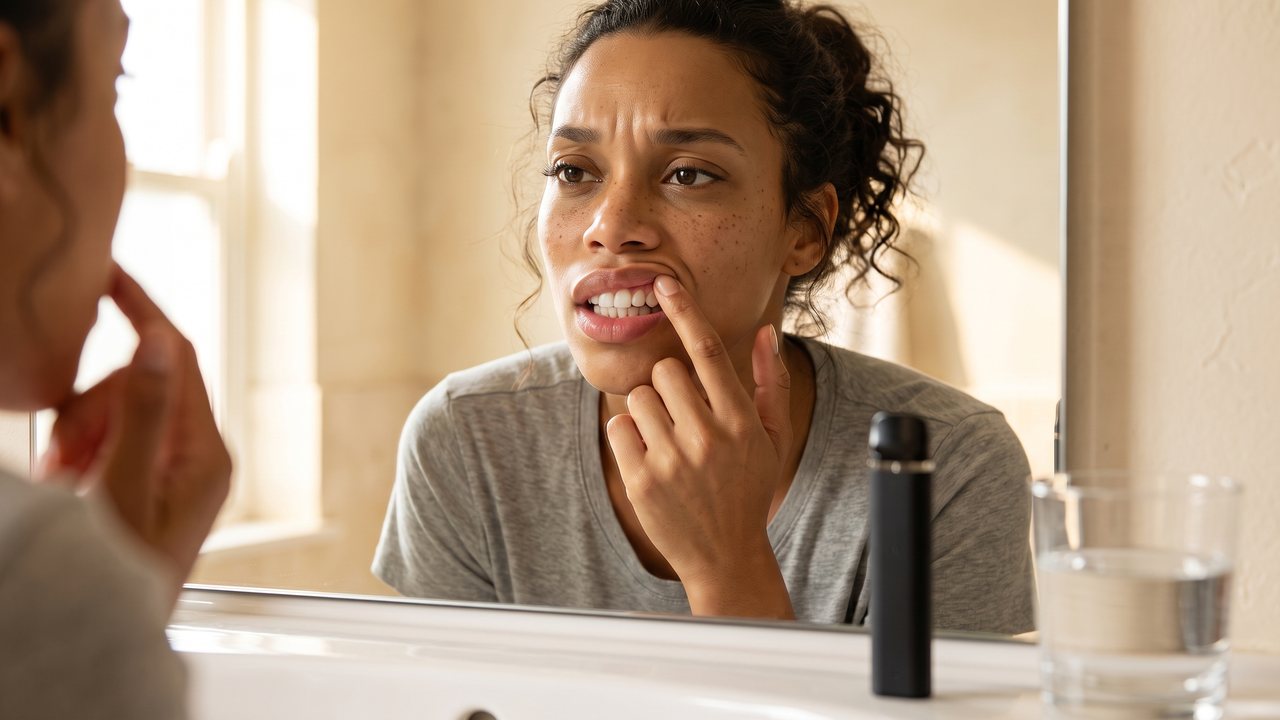 In a warm cream walled bathroom at morning light, a young woman with curly dark hair in a grey T shirt leans toward the mirror and pulls back her lip with one finger to check her teeth and gums; a plain black vape pen and a glass of water stand on the sink.