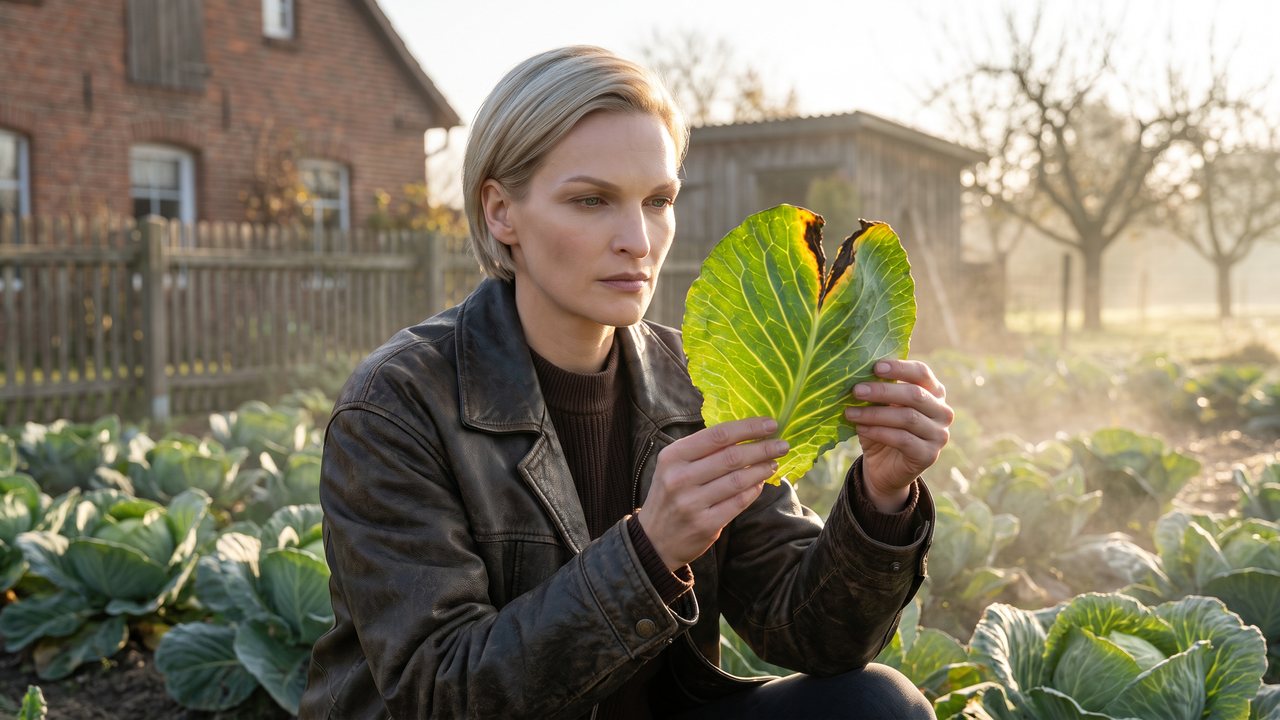 Early morning in a kitchen garden in rural Germany: a woman in a worn dark leather jacket crouches between rows of cabbages and holds up one outer leaf to the low sun, its edge marked with a dark V shaped patch of black rot.
