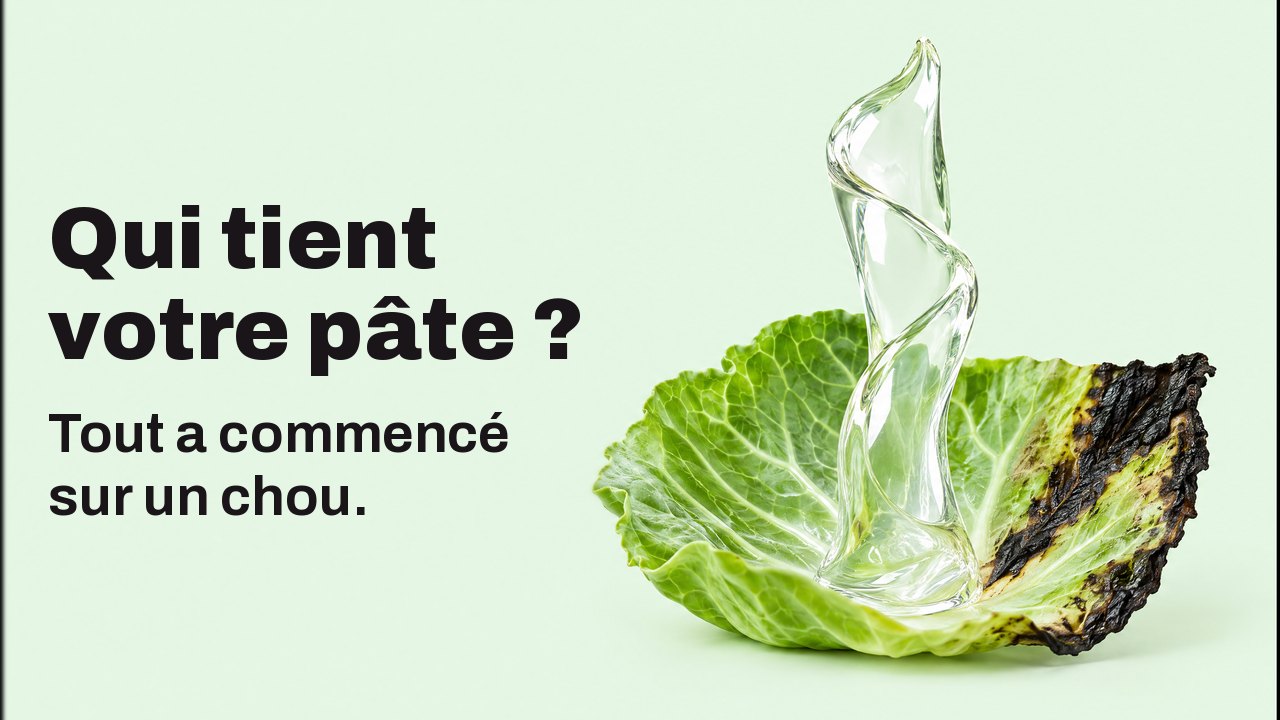 Qui tient votre pâte ? Tout a commencé sur un chou. Gros plan à hauteur de feuille sur un fond vert menthe pâle : un ruban brillant de gel transparent s’élève à la verticale d’une feuille de chou fraîche au bord devenu noir et tient debout seul, comme une sculpture.