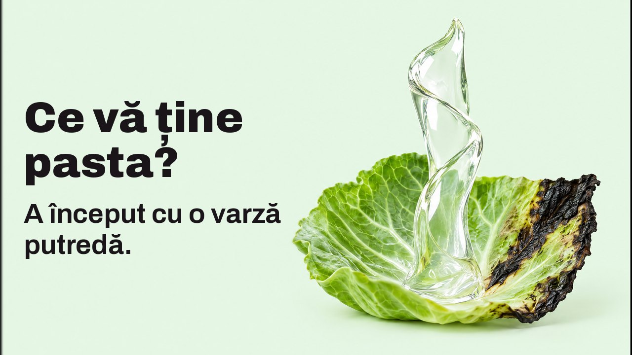 Ce vă ține pasta? A început cu o varză putredă. Prim plan la nivelul frunzei, pe un fundal verde mentă pal: o panglică lucioasă de gel transparent se ridică vertical din frunza proaspătă de varză cu marginea înnegrită și stă singură, ca o sculptură.