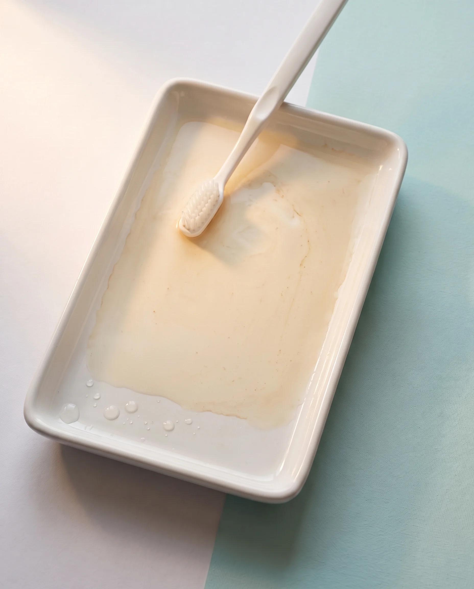 Stain film on a ceramic tray, already clear at one edge, with a toothbrush
