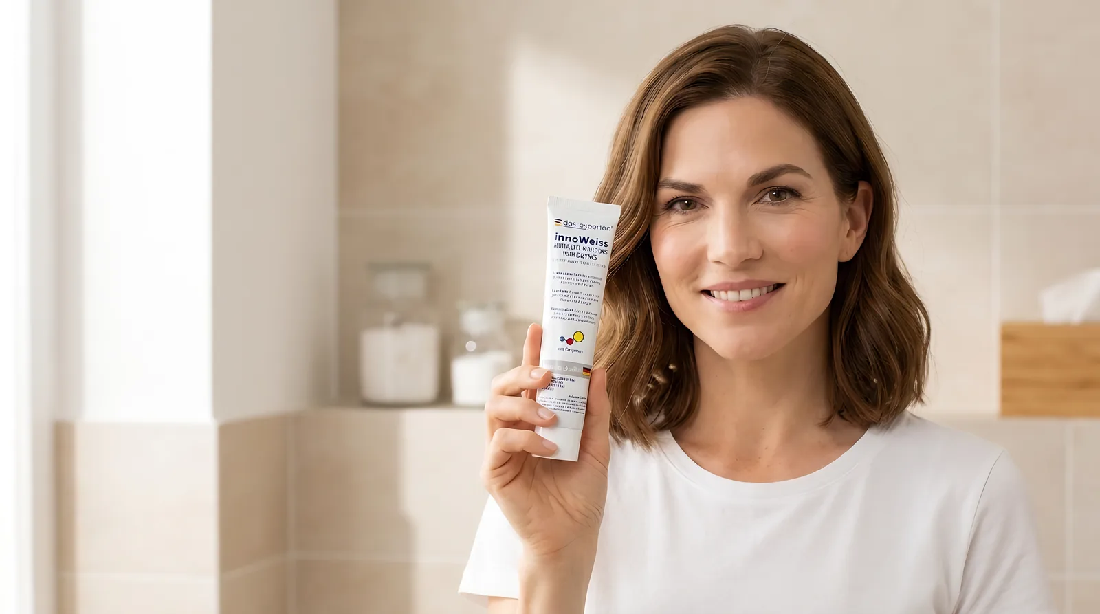 Das Experten INNOWEISS enzyme toothpaste applied to a toothbrush