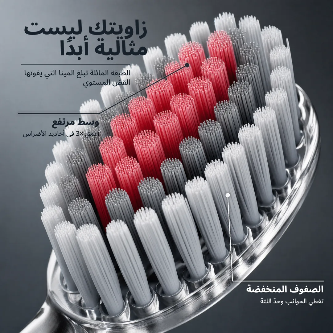 زاويتك ليست مثالية أبدًا, الطبقة المائلة تبلغ المينا التي يفوتها القصّ المستوي · وسط مرتفع: أعمق 3× في أخاديد الأضراس · الصفوف المنخفضة: تغطي الجوانب وحدّ اللثة