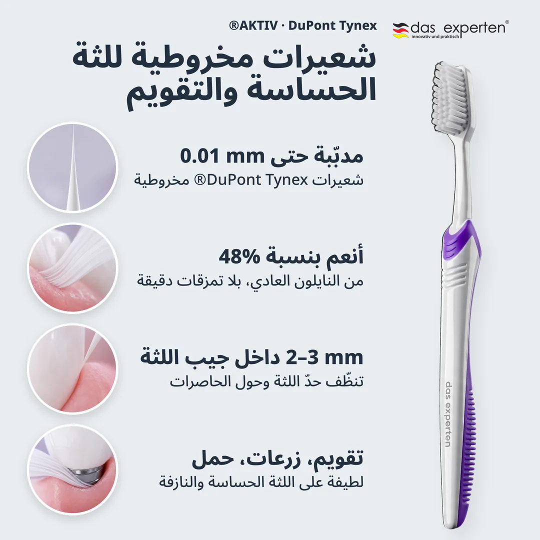 شعيرات مخروطية للثة الحساسة والتقويم, مدبّبة حتى 0.01 mm; أنعم بنسبة 48%; 2 إلى 3 mm داخل جيب اللثة; تقويم، زرعات، حمل