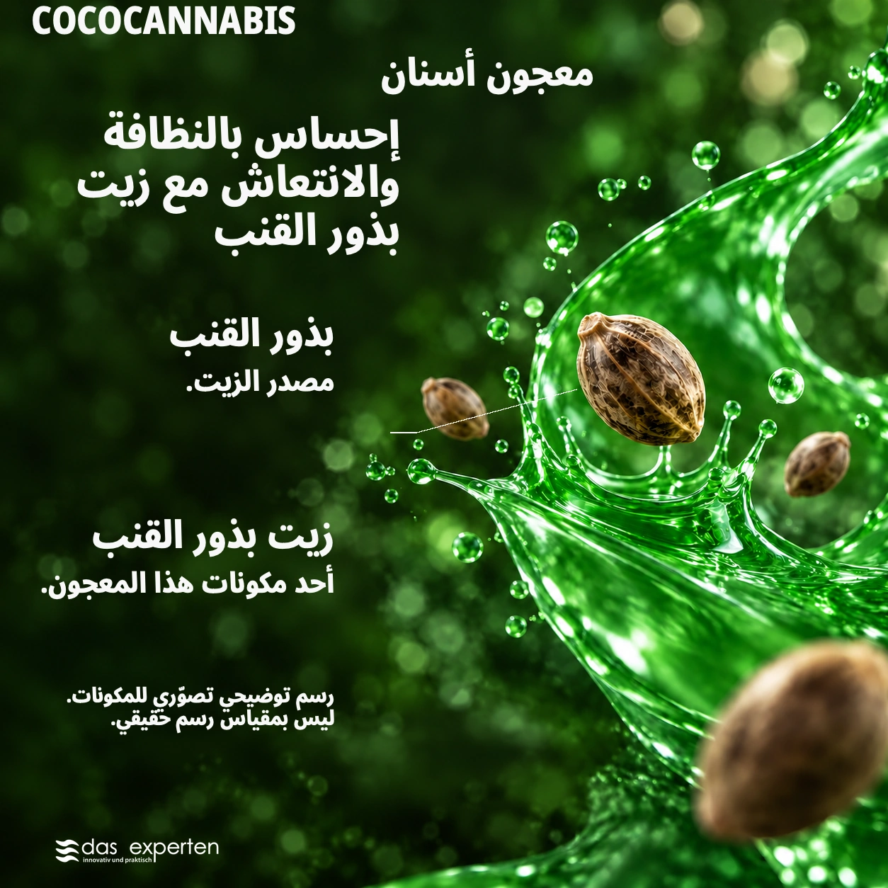 COCOCANNABIS · إحساس بالنظافة والانتعاش · مع زيت بذور القنب · رسم توضيحي تصوّري للمكونات. · ليس بمقياس رسم حقيقي.