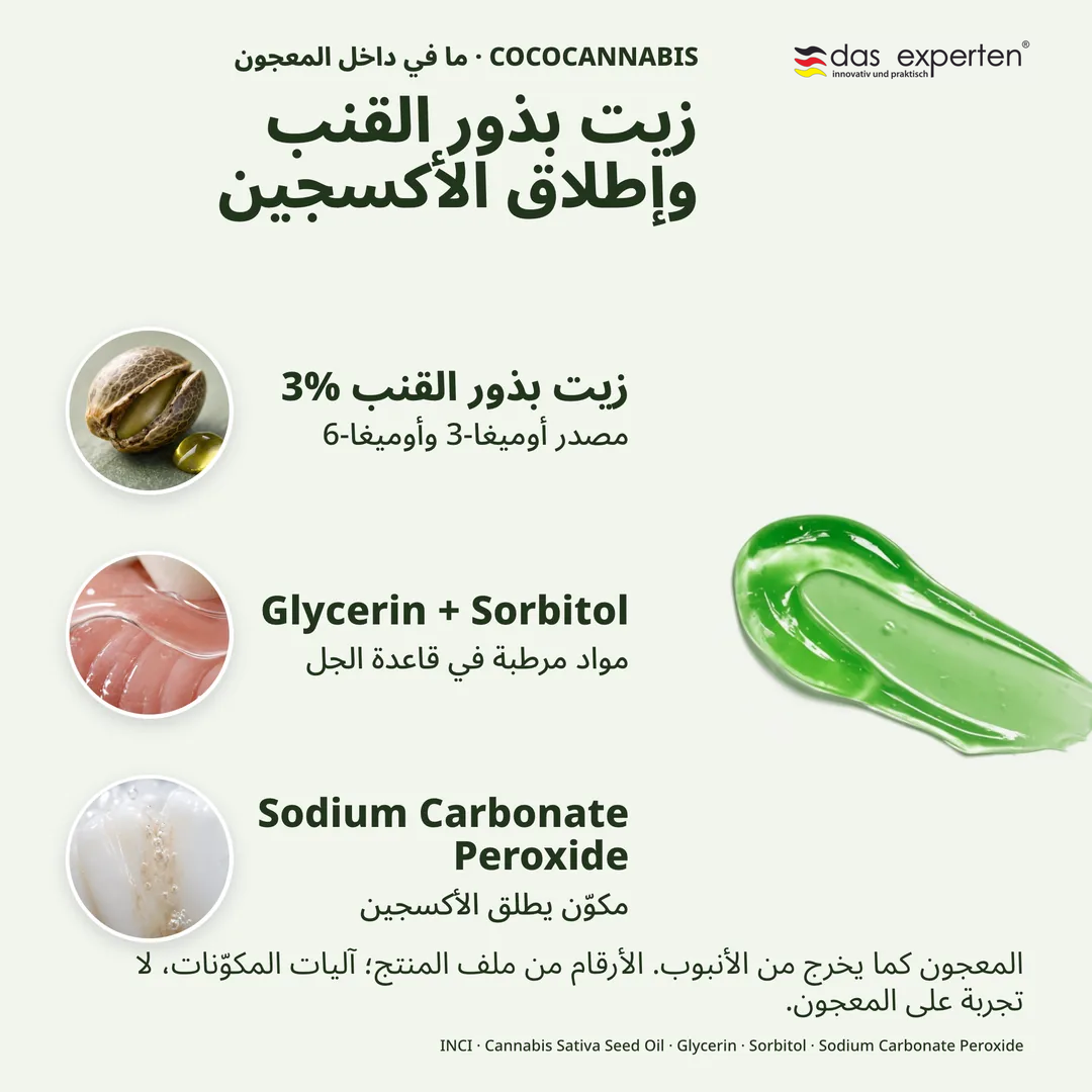 COCOCANNABIS · ما في داخل المعجون, زيت بذور القنب وإطلاق الأكسجين; زيت بذور القنب 3%; Glycerin + Sorbitol; Sodium Carbonate Peroxide