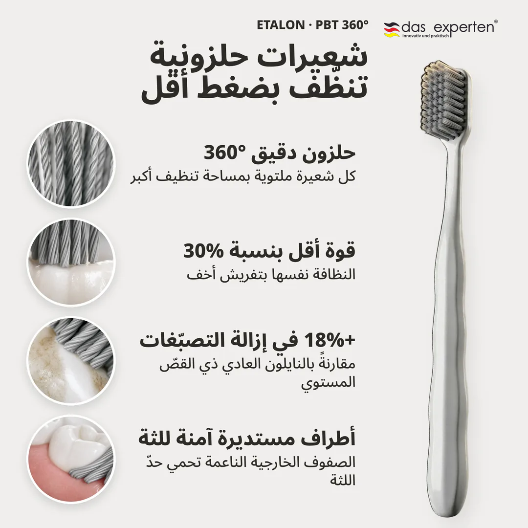 شعيرات حلزونية تنظّف بضغط أقل, حلزون دقيق 360°; قوة أقل بنسبة 30%; +18% في إزالة التصبّغات; أطراف مستديرة آمنة للثة
