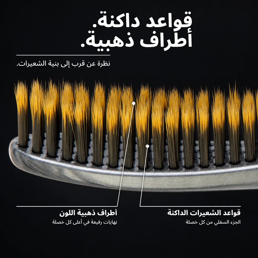 قواعد داكنة. أطراف ذهبية. نظرة عن قرب إلى بنية الشعيرات. أطراف ذهبية اللون: نهايات رفيعة في أعلى كل خصلة. قواعد الشعيرات الداكنة: الجزء السفلي من كل خصلة.