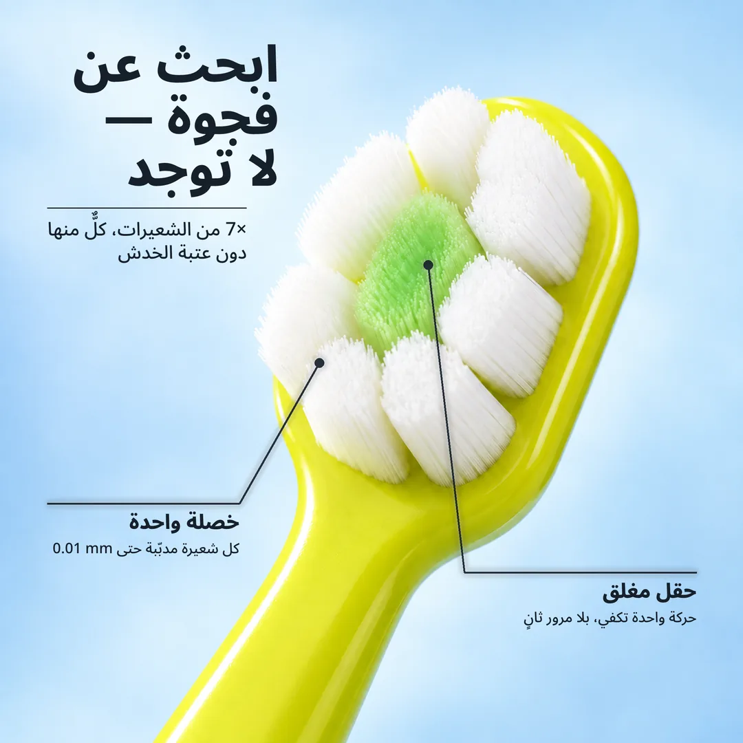 ابحث عن فجوة, لا توجد, 7× من الشعيرات، كلٌّ منها دون عتبة الخدش · خصلة واحدة: كل شعيرة مدبّبة حتى 0.01 mm · حقل مغلق: حركة واحدة تكفي، بلا مرور ثانٍ