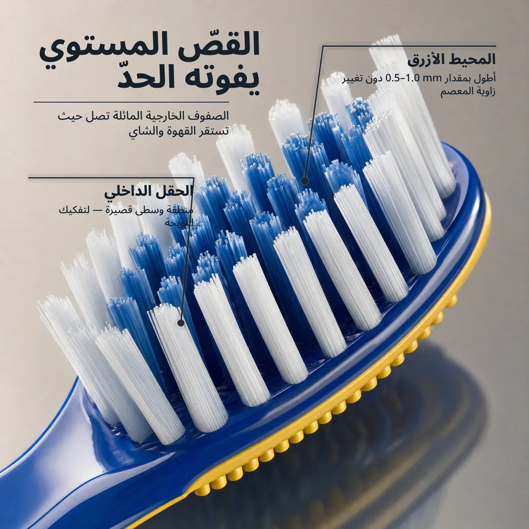 القصّ المستوي يفوته الحدّ, الصفوف الخارجية المائلة تصل حيث تستقر القهوة والشاي · المحيط الأزرق: أطول بمقدار 0.5 إلى 1.0 mm دون تغيير زاوية المعصم · الحقل الداخلي: منطقة وسطى قصيرة, لتفكيك اللويحة