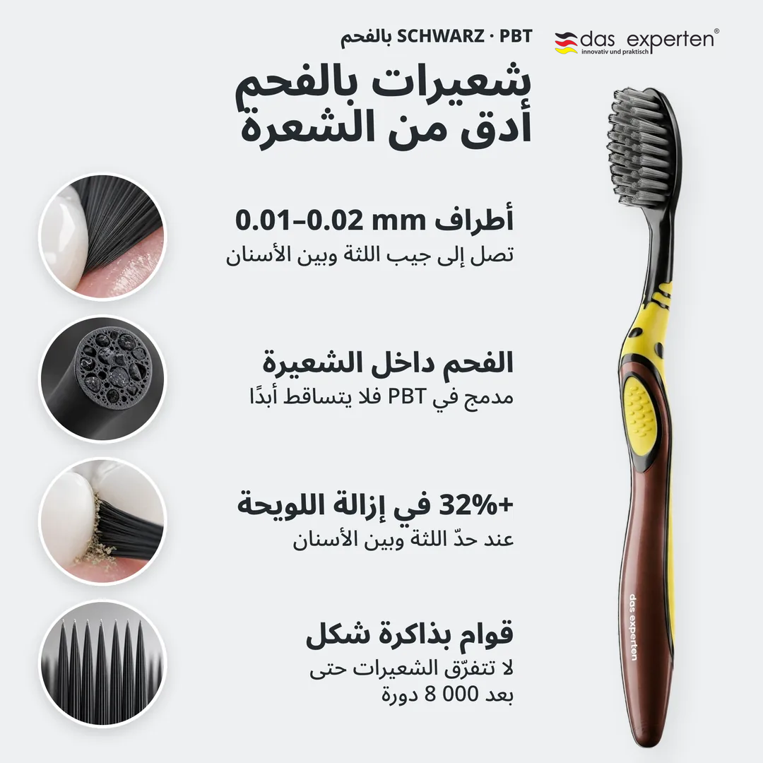 شعيرات بالفحم أدق من الشعرة, أطراف 0.01 إلى 0.02 mm; الفحم داخل الشعيرة; +32% في إزالة اللويحة; قوام بذاكرة شكل