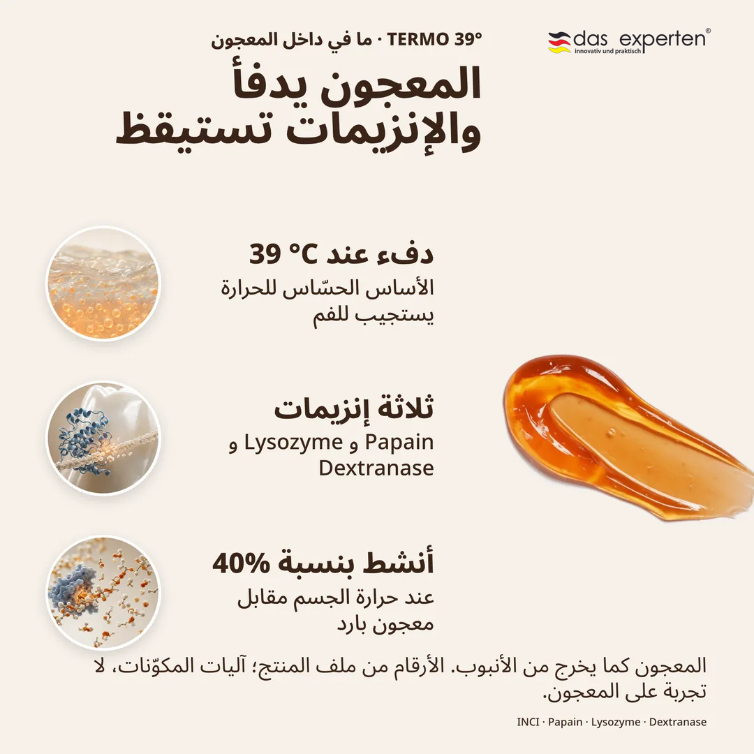 المعجون يدفأ والإنزيمات تستيقظ, دفء عند 39 °C; ثلاثة إنزيمات; أنشط بنسبة 40%