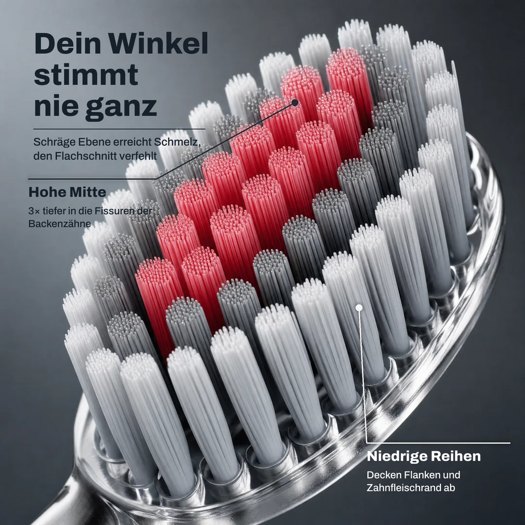 Dein Winkel stimmt nie ganz, Schräge Ebene erreicht Schmelz, den Flachschnitt verfehlt · Hohe Mitte: 3× tiefer in die Fissuren der Backenzähne · Niedrige Reihen: Decken Flanken und Zahnfleischrand ab