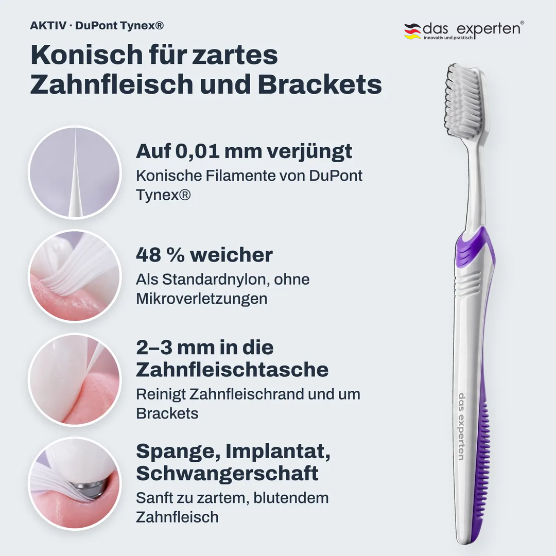 Konisch für zartes Zahnfleisch und Brackets, Auf 0,01 mm verjüngt; 48 % weicher; 2 bis 3 mm in die Zahnfleischtasche; Spange, Implantat, Schwangerschaft