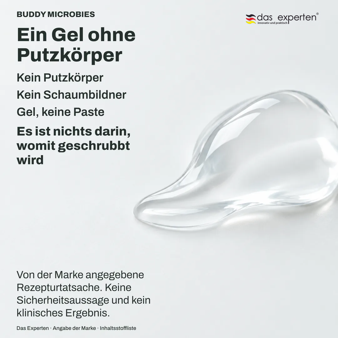 Illustration eines klaren Gels auf einem kleinen Bürstenkopf, ohne Schaum: ein Gel ohne Putzkörper laut Marke