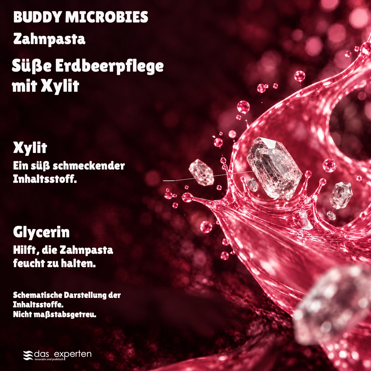 BUDDY MICROBIES · Süße Erdbeerpflege · mit Xylit · Schematische Darstellung der Inhaltsstoffe. · Nicht maßstabsgetreu.