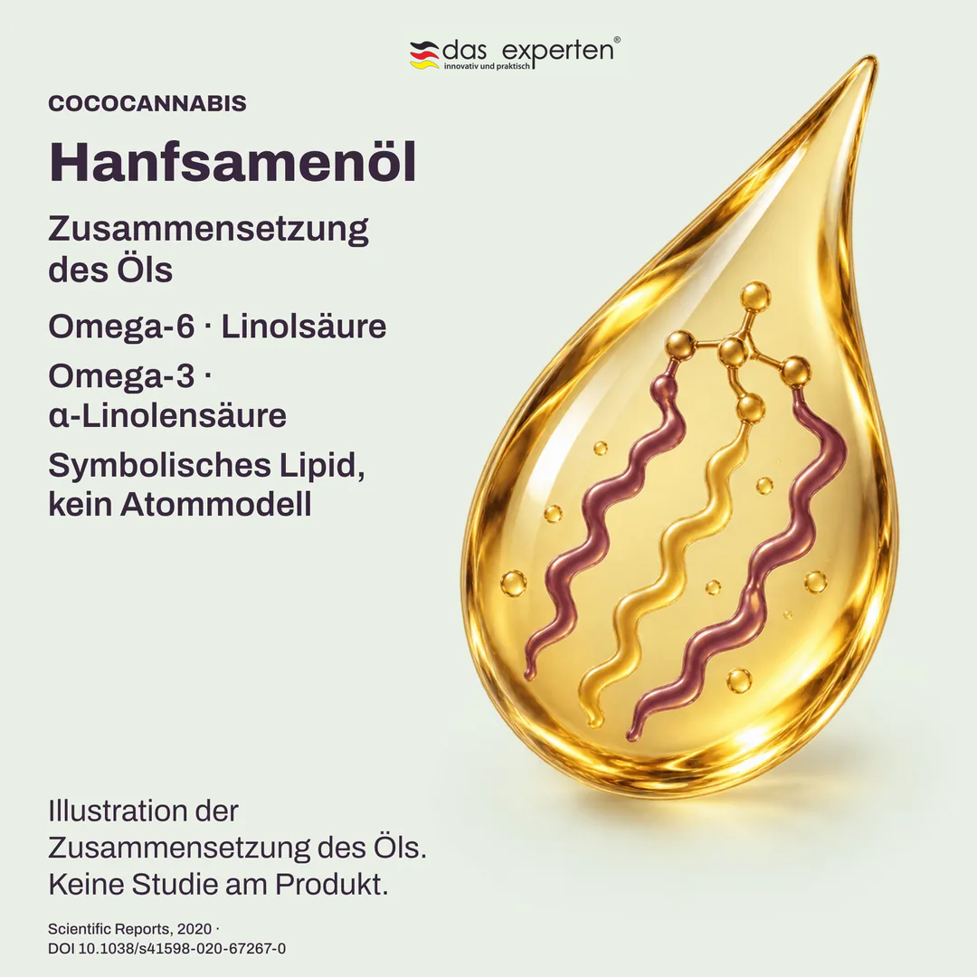 Symbolische Lipide des Hanfsamenöls: Omega 6 Linolsäure und Omega 3 α Linolensäure in der Zusammensetzung des Öls