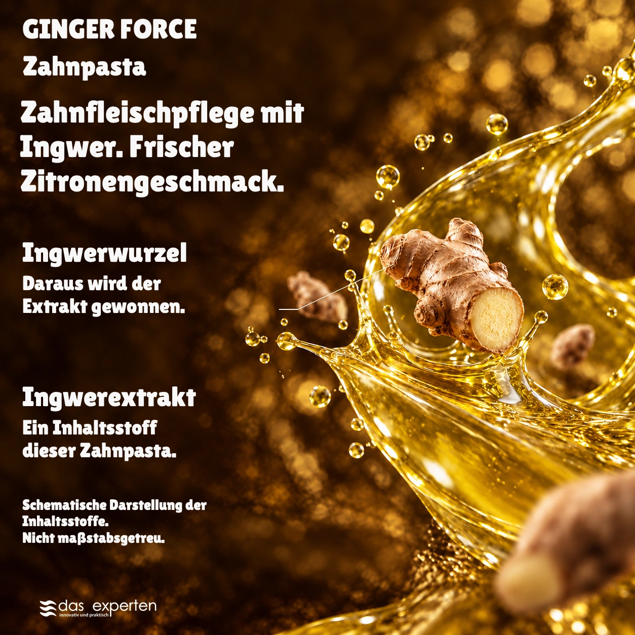 GINGER FORCE · Zahnfleischpflege mit Ingwer. · Frischer Zitronengeschmack. · Schematische Darstellung der Inhaltsstoffe. · Nicht maßstabsgetreu.