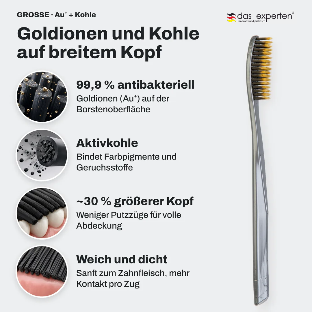 Goldionen und Kohle auf breitem Kopf, 99,9 % antibakteriell; Aktivkohle; ~30 % größerer Kopf; Weich und dicht