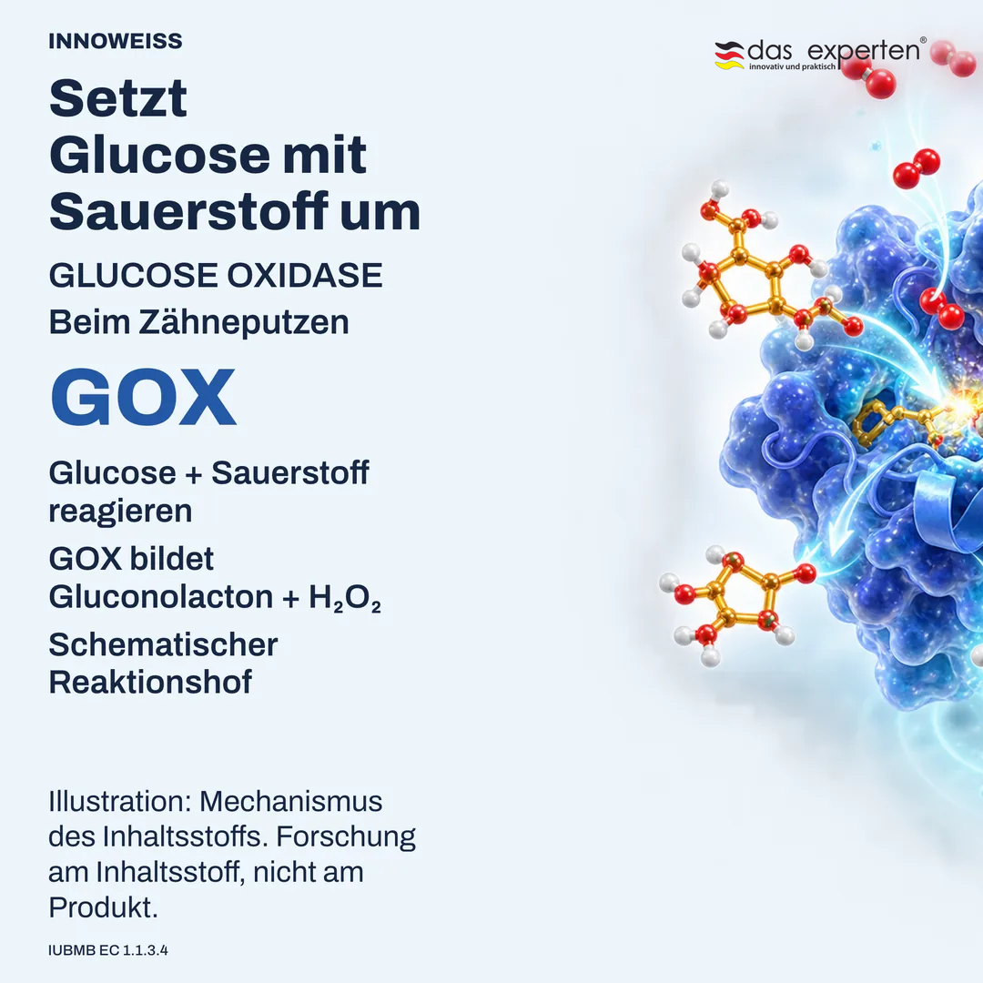 Illustration: Glucoseoxidase setzt Glucose mit Sauerstoff zu Gluconolacton und Wasserstoffperoxid um