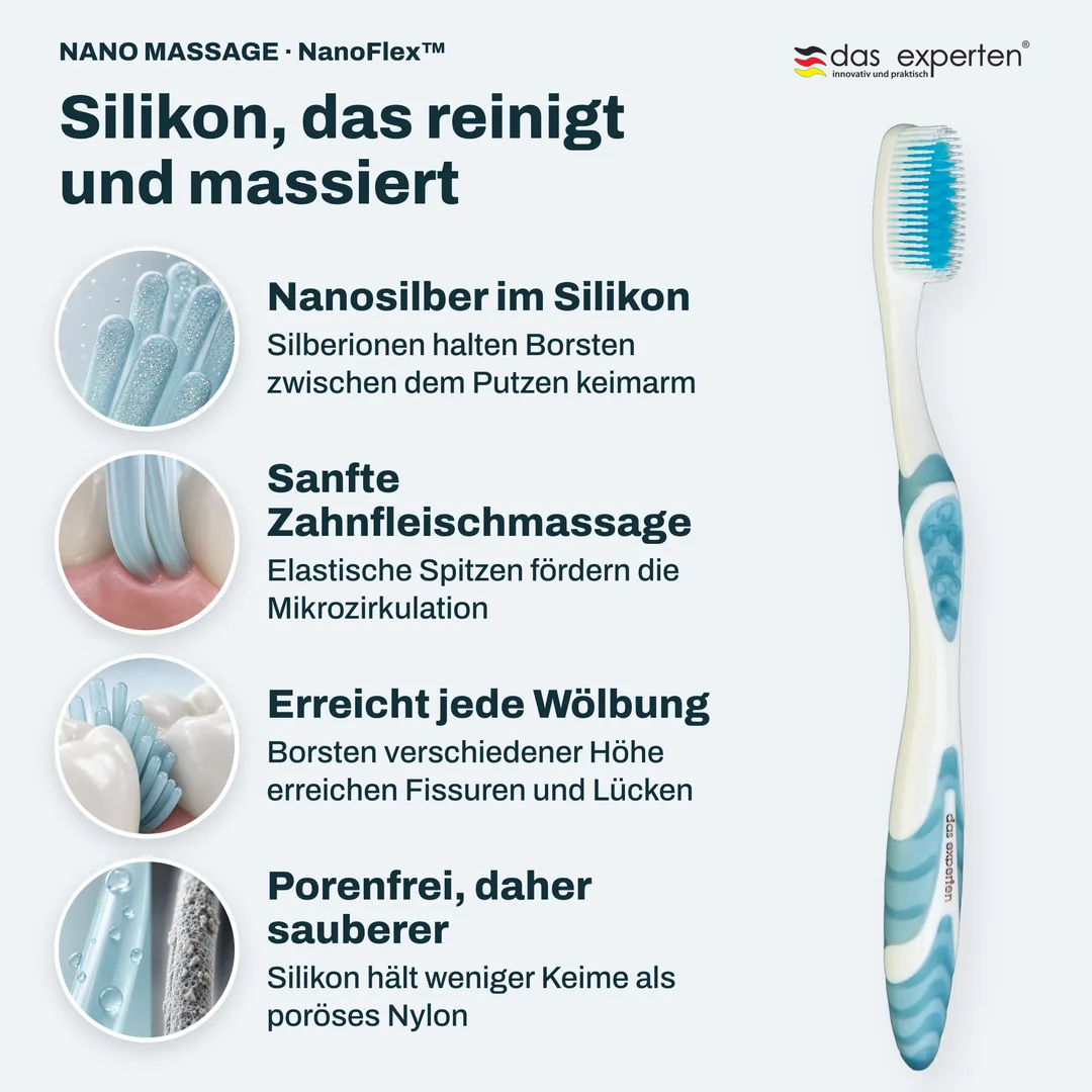 Silikon, das reinigt und massiert, Nanosilber im Silikon; Sanfte Zahnfleischmassage; Erreicht jede Wölbung; Porenfrei, daher sauberer