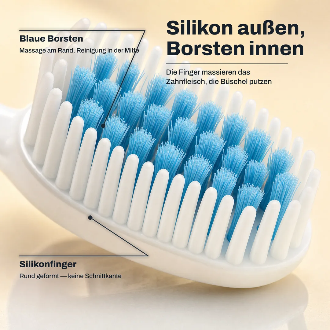 Silikon außen, Borsten innen, Die Finger massieren das Zahnfleisch, die Büschel putzen · Silikonfinger: Rund geformt, keine Schnittkante · Blaue Borsten: Massage am Rand, Reinigung in der Mitte