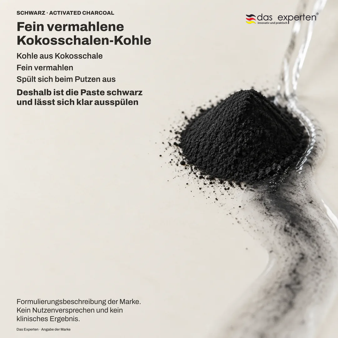 Illustration: fein vermahlenes Kokosschalen Kohlepulver wird vom Spülwasser klar fortgetragen, Beschreibung der Rezeptur