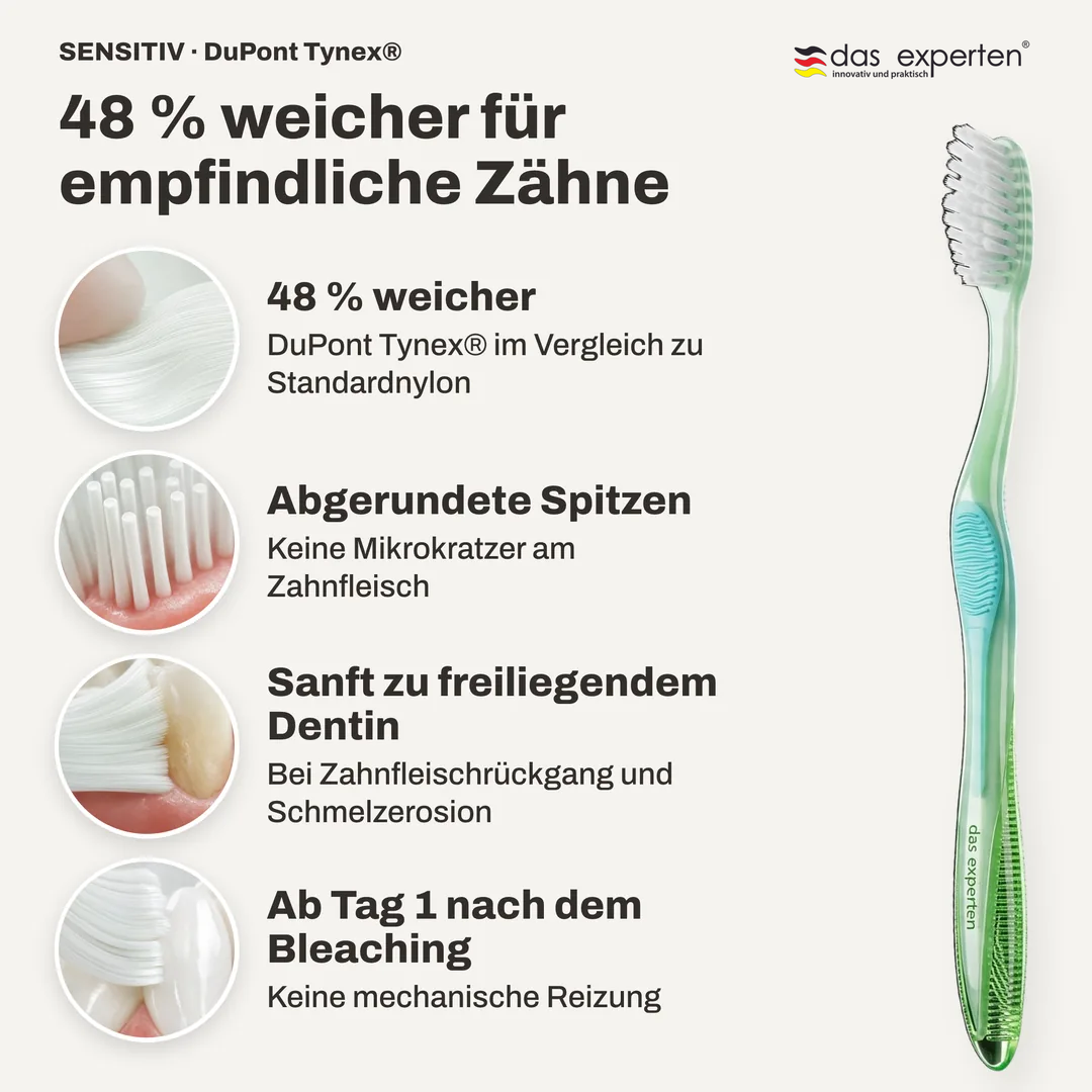 48 % weicher für empfindliche Zähne, 48 % weicher; Abgerundete Spitzen; Sanft zu freiliegendem Dentin; Ab Tag 1 nach dem Bleaching