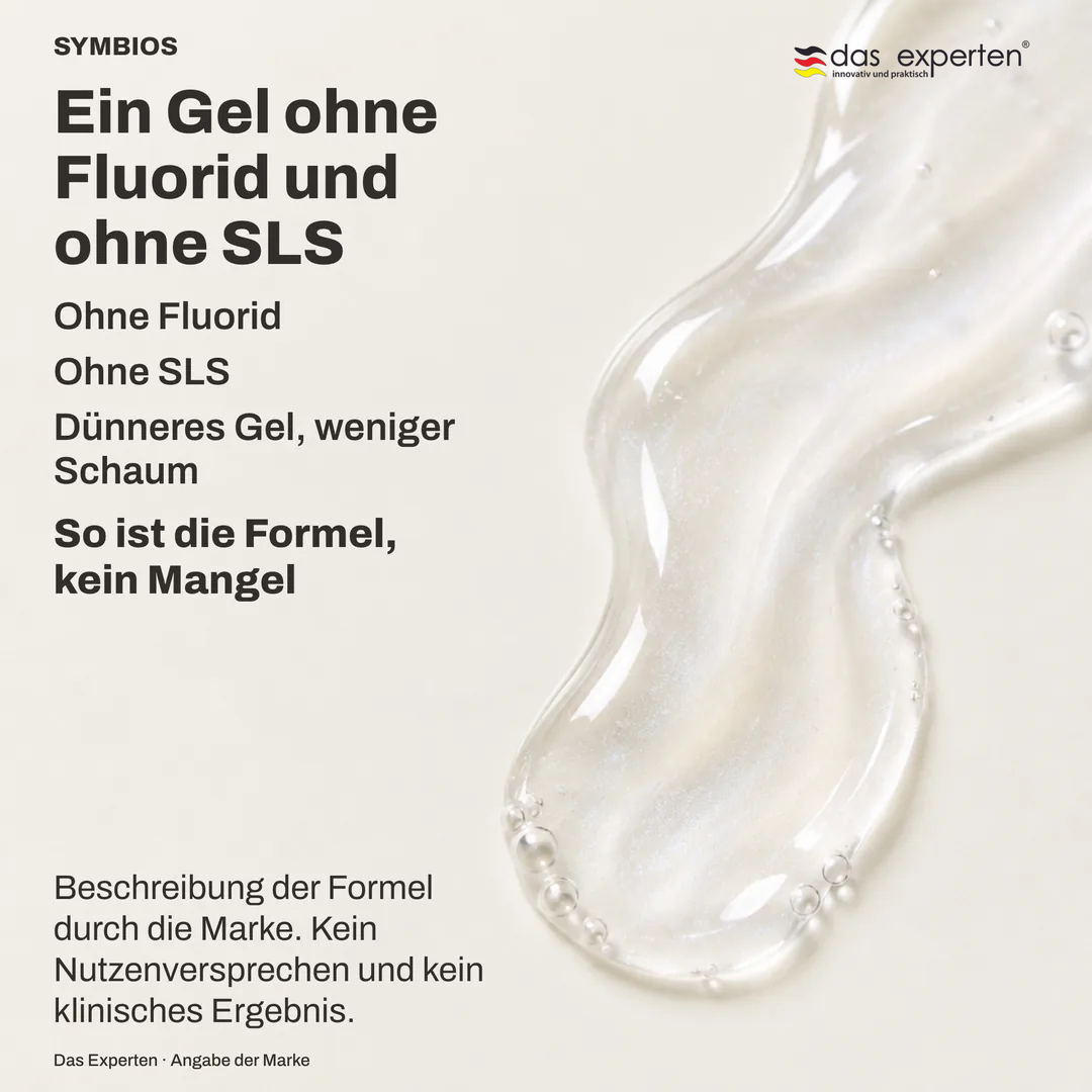 Illustration eines durchscheinenden Gels auf einem Bürstenkopf, dünner als Zahnpasta und schaumarm