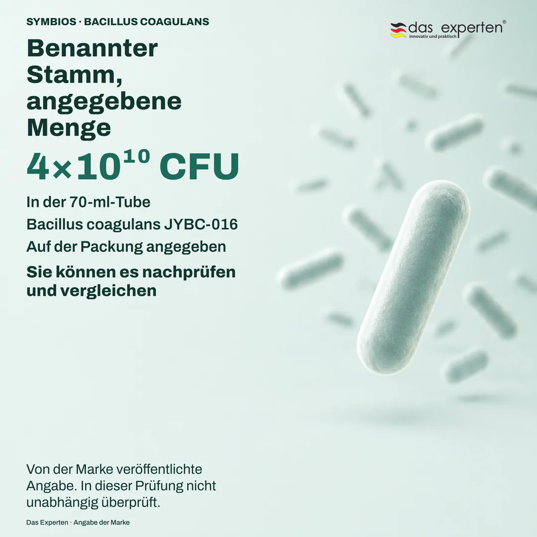 Schematische Spezifikationstafel mit 4×10¹⁰ CFU in der 70 ml Tube und dem Stamm Bacillus coagulans JYBC 016, laut Angabe der Marke