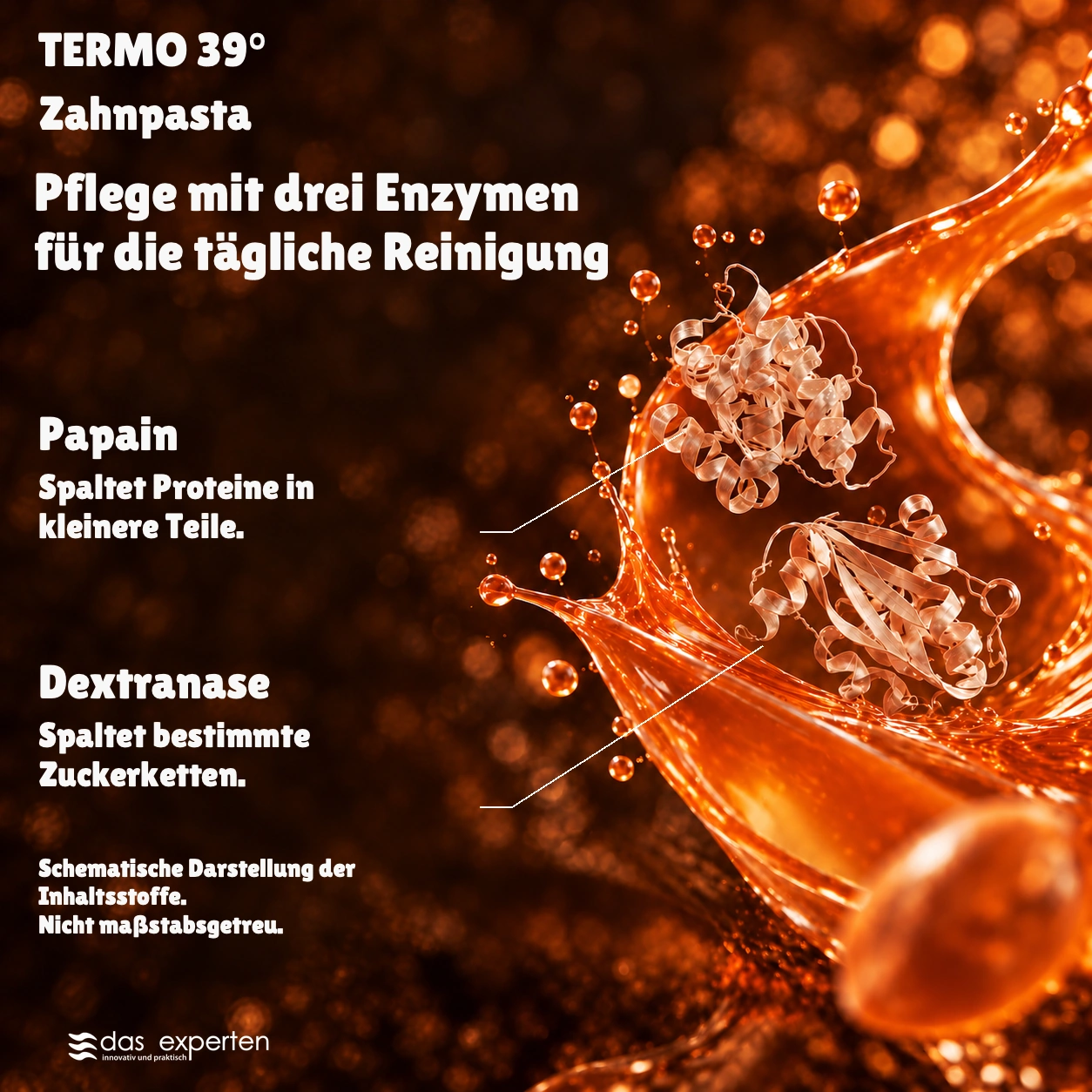 TERMO 39° · Pflege mit drei Enzymen · für die tägliche Reinigung · Schematische Darstellung der Inhaltsstoffe. · Nicht maßstabsgetreu.