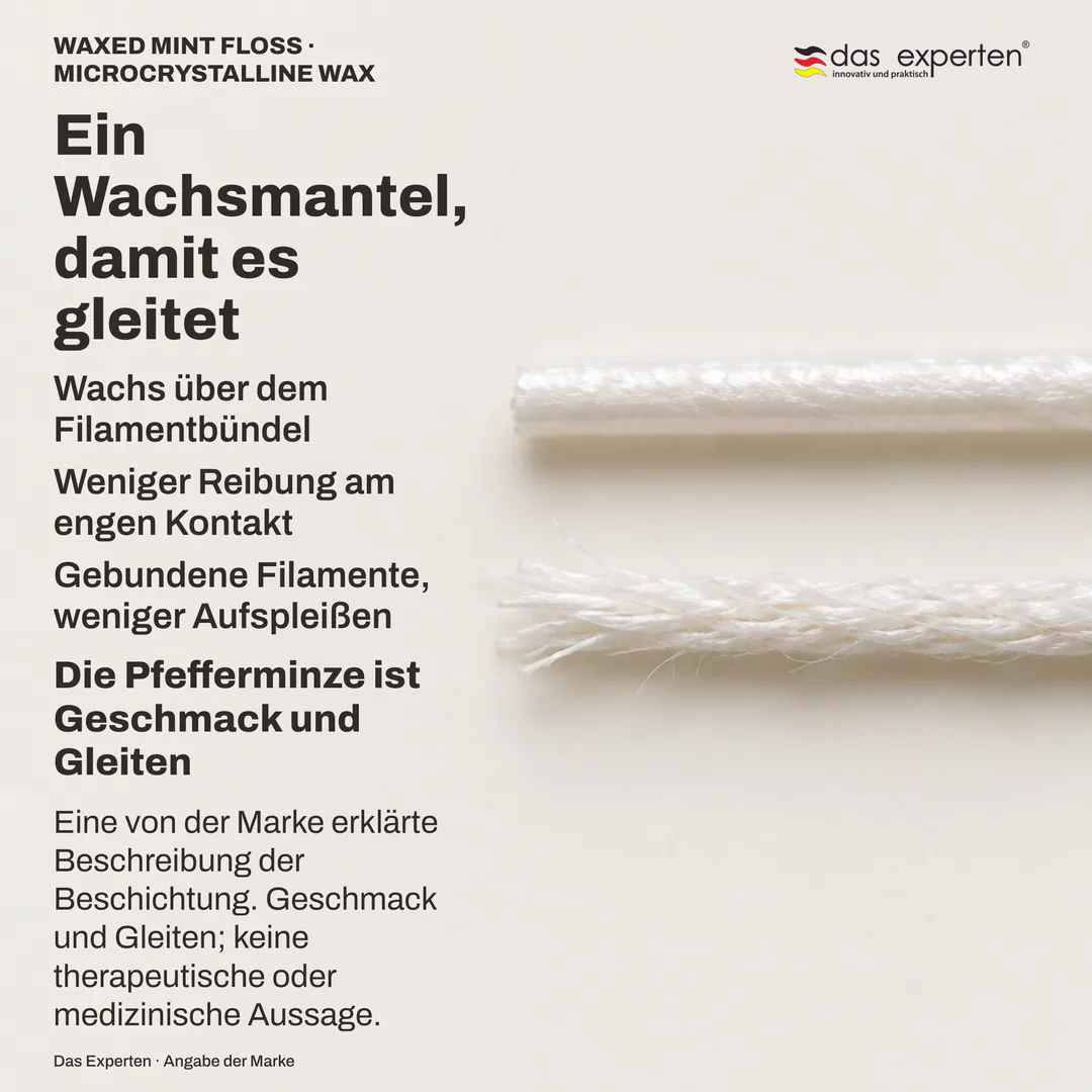 Materialstudie: ein gewachster Faden vergrößert, Schicht durchgehend, daneben ein ungewachstes, aufspleißendes Bündel