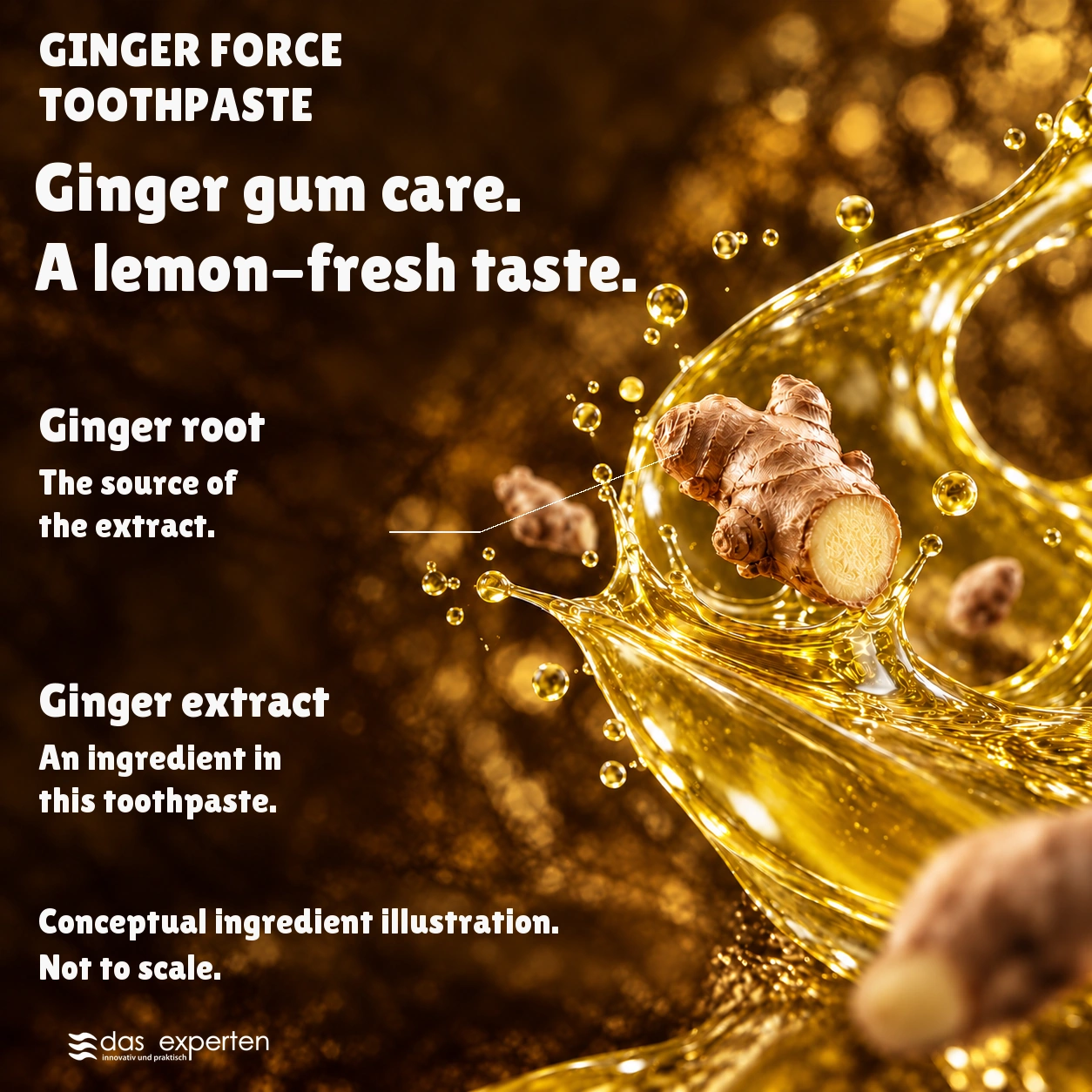 GINGER FORCE · Ginger gum care. · A lemon fresh taste. · Conceptual ingredient illustration. · Not to scale.