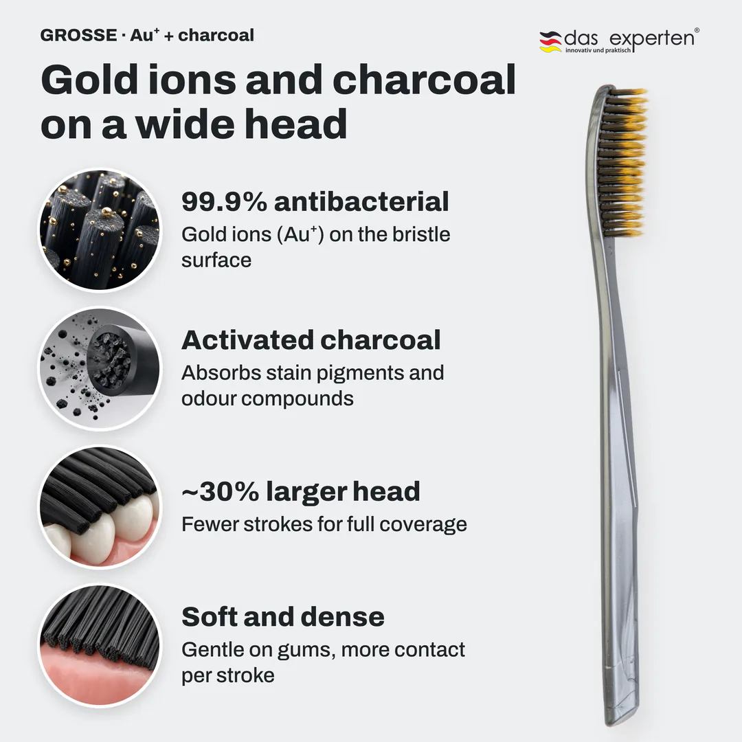 GROSSE · Au⁺ + charcoal toothbrush infographic: 99.9% antibacterial; Activated charcoal; ~30% larger head; Soft and dense