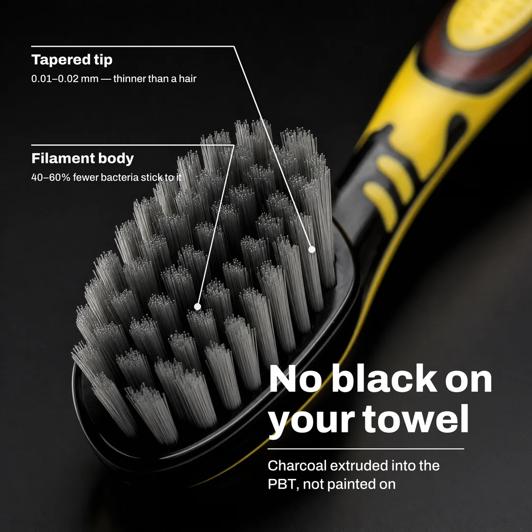No black on your towel, Charcoal extruded into the PBT, not painted on · Filament body: 40 to 60% fewer bacteria stick to it · Tapered tip: 0.01 to 0.02 mm, thinner than a hair