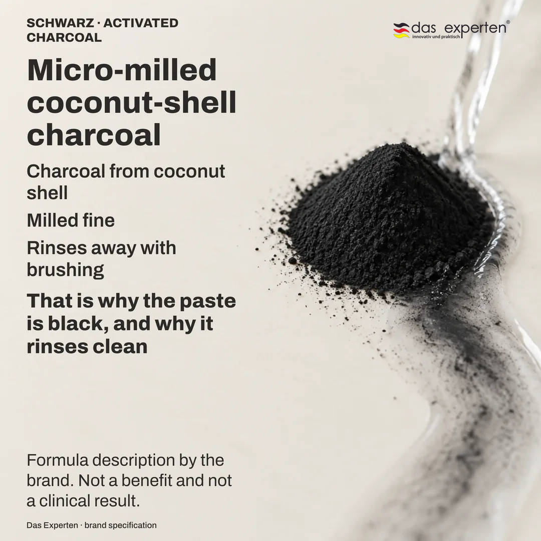 Illustration of finely milled coconut shell charcoal powder carried away by rinsing water: a formula description by the brand