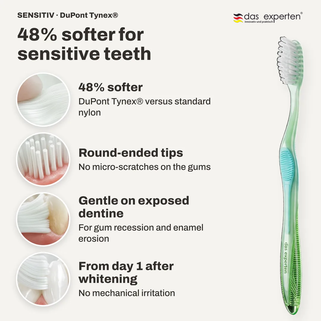 SENSITIV · DuPont Tynex® toothbrush infographic: 48% softer; Round ended tips; Gentle on exposed dentine; From day 1 after whitening